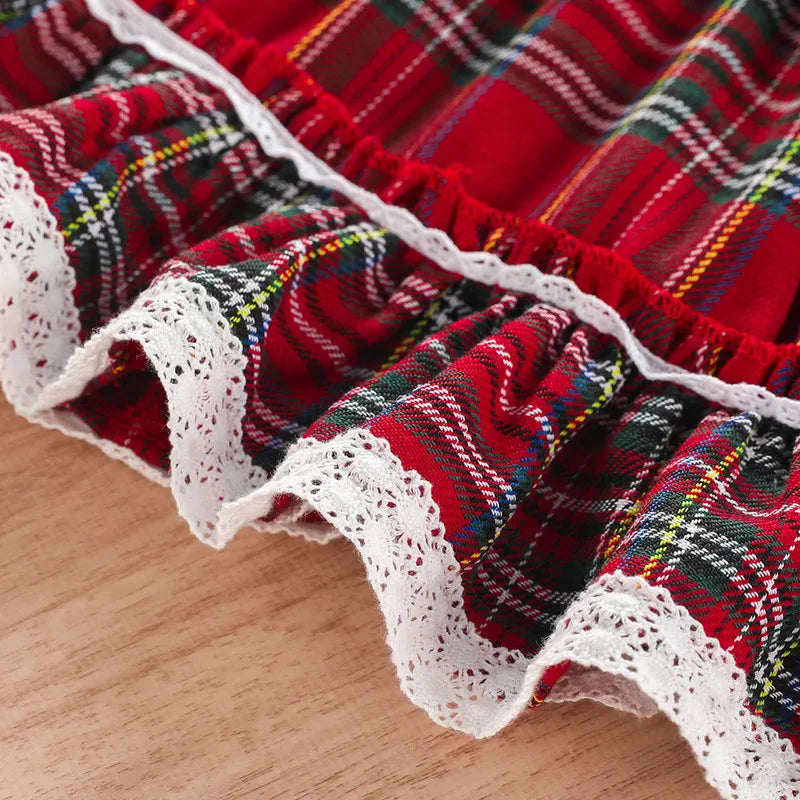 1 to 7 Years Christmas Girls Casual Dress Plaid Lace Patchwork Stand-Up Collar Flounce Long Sleeve Dress with Ruffle Hem