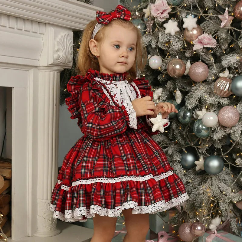 1 to 7 Years Christmas Girls Casual Dress Plaid Lace Patchwork Stand-Up Collar Flounce Long Sleeve Dress with Ruffle Hem