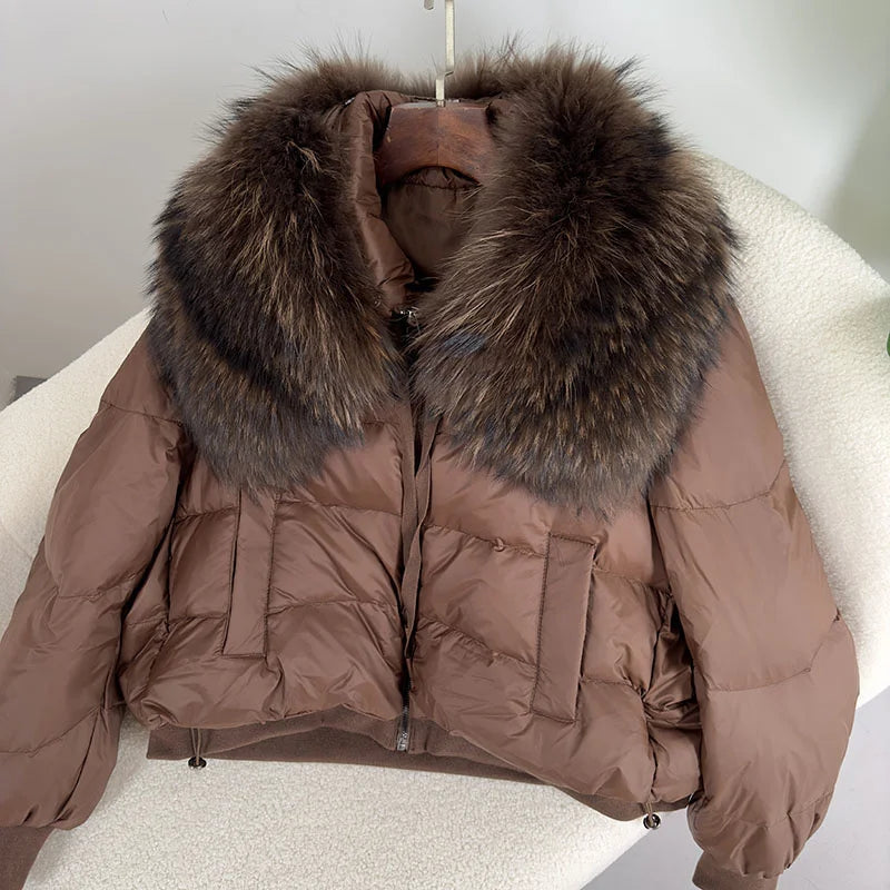 2023 Winter Puffer Jacket Women Large Real Raccoon Fur Collar Short Female Parkas Thick Warm 90% Goose Down Coat Loose