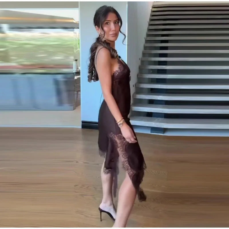 Elegant Satin Asymmetric Lace Patchwork Mini Dress Women Solid V-neck Sleeveless Sling Dresses 2025 Summer Lady Chic  Streetwear