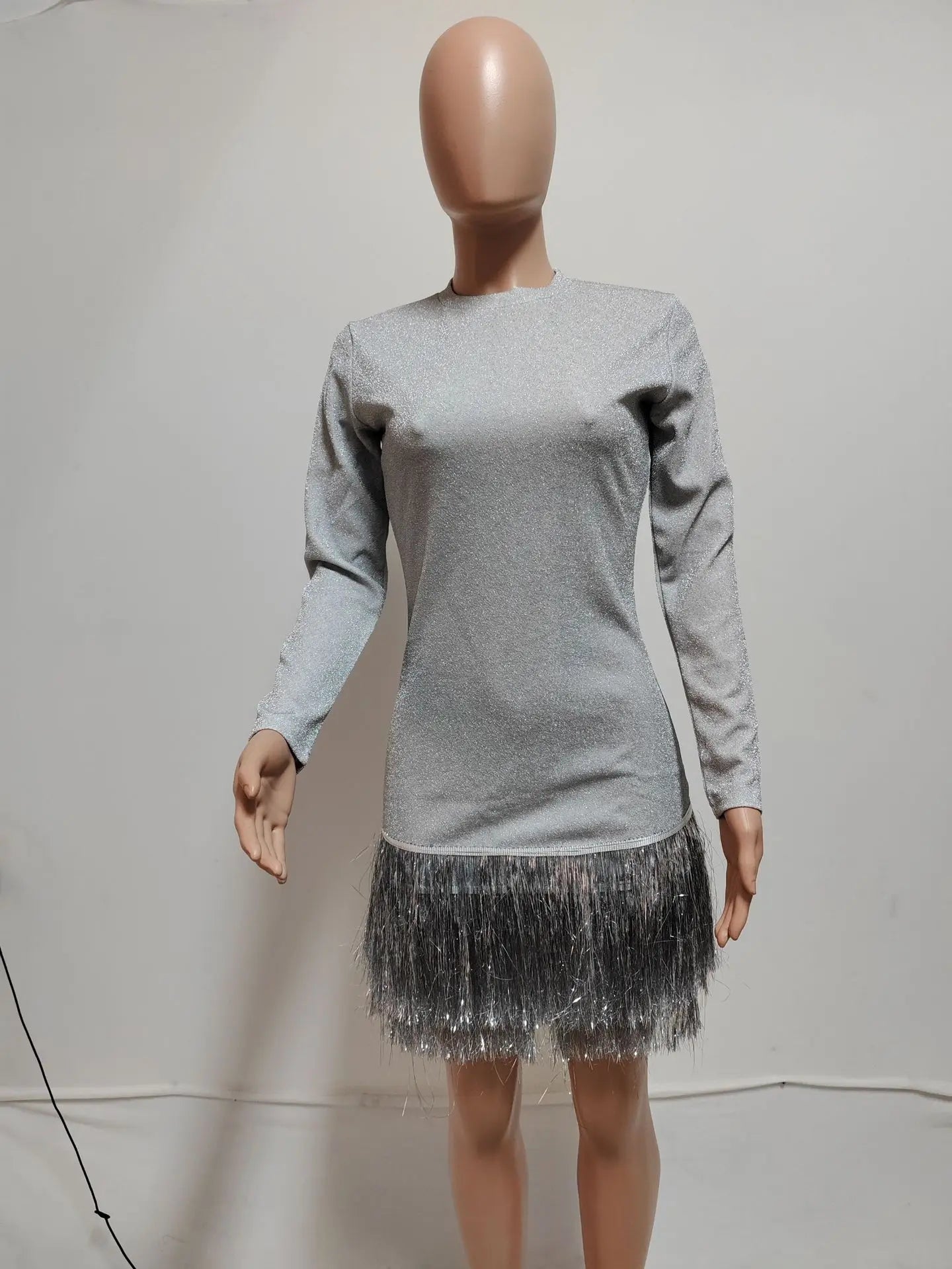 CM.YAYA Fashion Women Silver Tassel Bodycon Mini Midi Dress 2024 Autumn Winter Long Sleeve Party Club Evening Dresses Vestidos