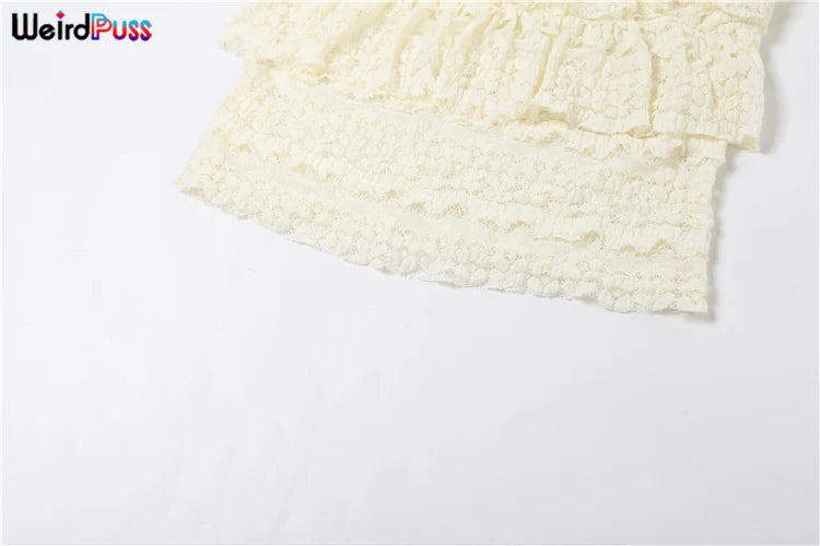 Weird Puss Sexy Tierred Women 2Piece Set Summer Elegant Thin Ruffles Tnak Top+Shorts Skirts Midnight Concert Party Matching Suit