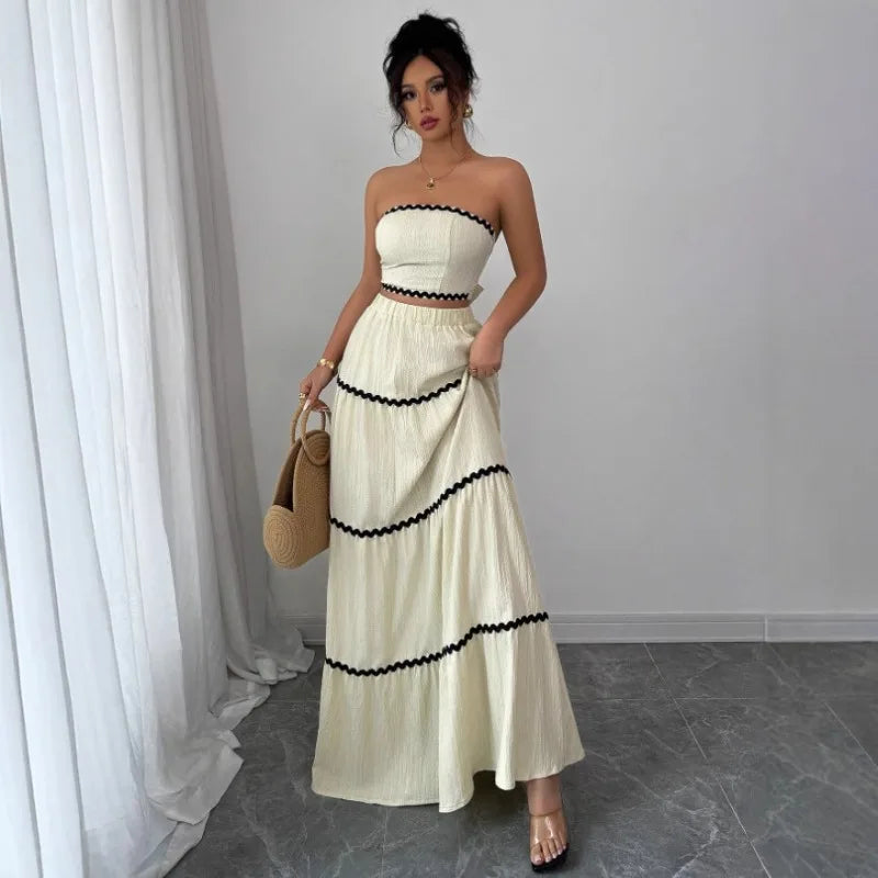 Fashion Temperament Women 2 Piece Outfits Contrast Color Loose Sleeveless Tops and Elastic Long Skirt Set for Party Streetwear