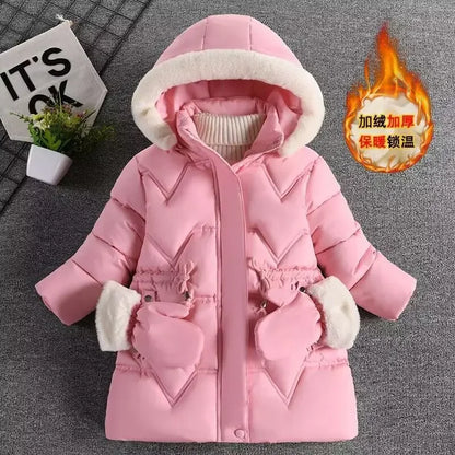 2-8 Years Warm Winter Girls Jacket Fur Collar Removable Hat Plush Lining Heavy Hooded Kids Coat Children Outerwear Send Gloves