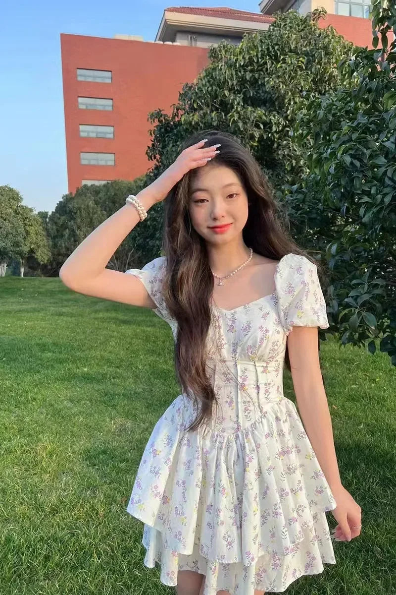 Princess Style Gathered Waist Bubble Sleeve One Shoulder Puffy Dress Floral Print Gentle Girl Summer New Arrival Dress