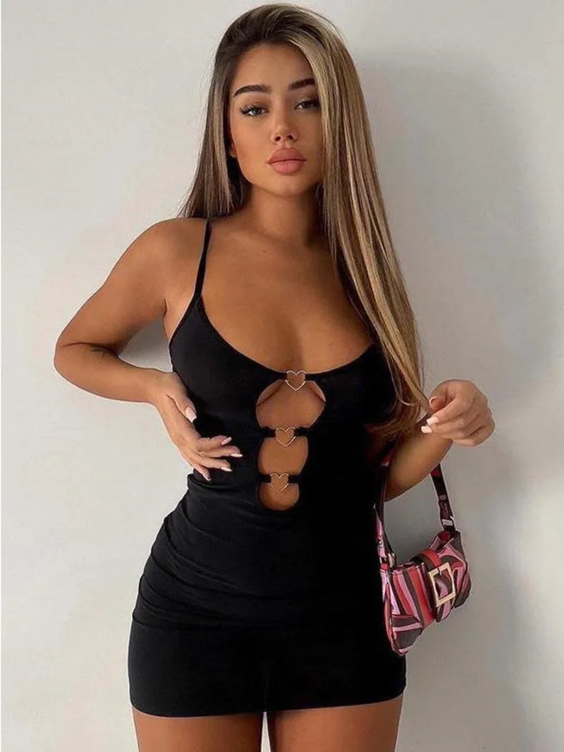 2024 New Love Heart Hollow Out Hanging Neck Backless Dress Women's Pure Desire Cinching Waist Wrap Hip Slim Short Dress LBOA