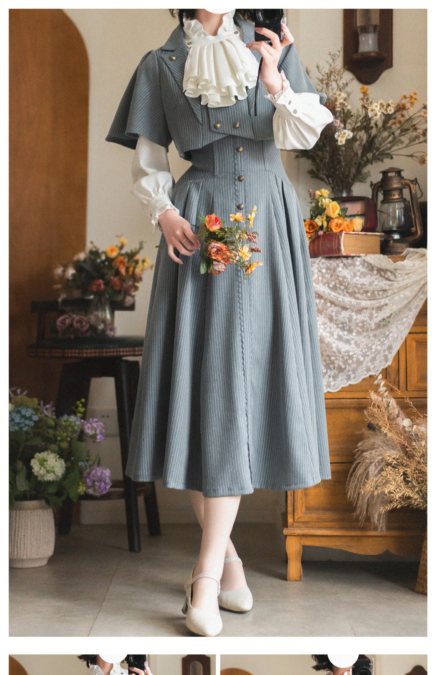 Original Retro Skirt Set Outfits New Spring Women's Stand Collar Long Sleeve Shirt Small Cape Coat Elegant Classical Long Skirt