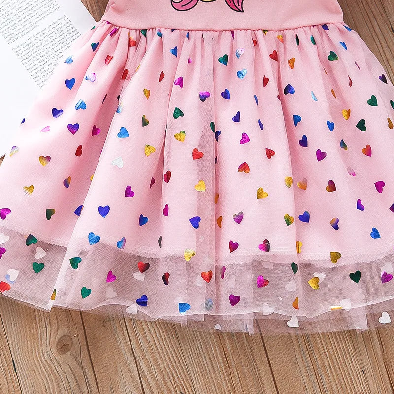 2024 Summer Baby Girls Cartoon Unicorn Dress Cotton Mesh Party Princess Dresses For 2-6 Years Children Kids Clothes