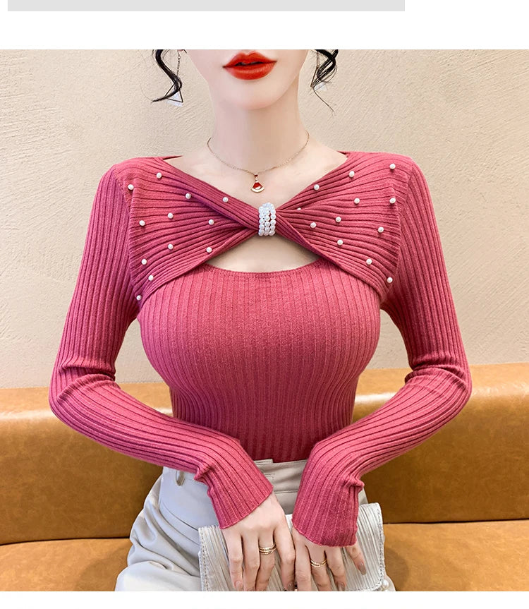 Elegant Autumn Winter Sweaters Women Pullovers Korean Fashion Y2k Clothes V Neck Solid Bow Embroidered Long Sleeve Knitted Tops