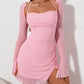 NewAsia Halter Flounce Sleeves Mesh Pink Dress Women Sexy Solid Backless Bandage Mini Vestido Summer Vacation Party Club