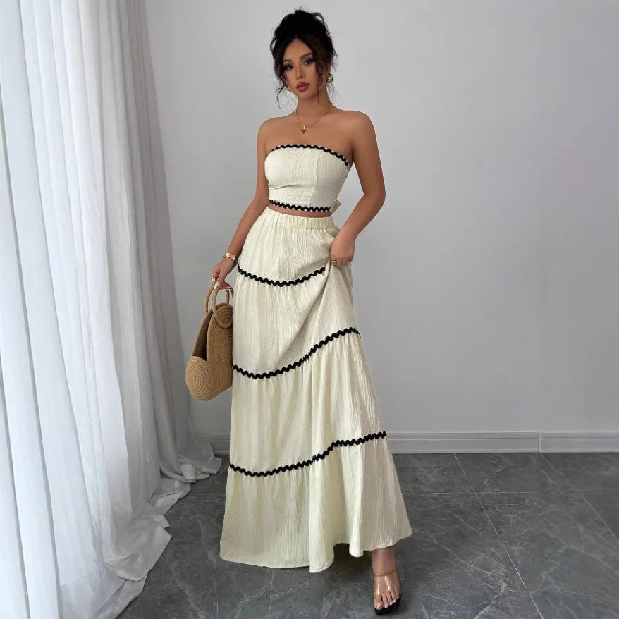 Fashion Temperament Women 2 Piece Outfits Contrast Color Loose Sleeveless Tops and Elastic Long Skirt Set for Party Streetwear