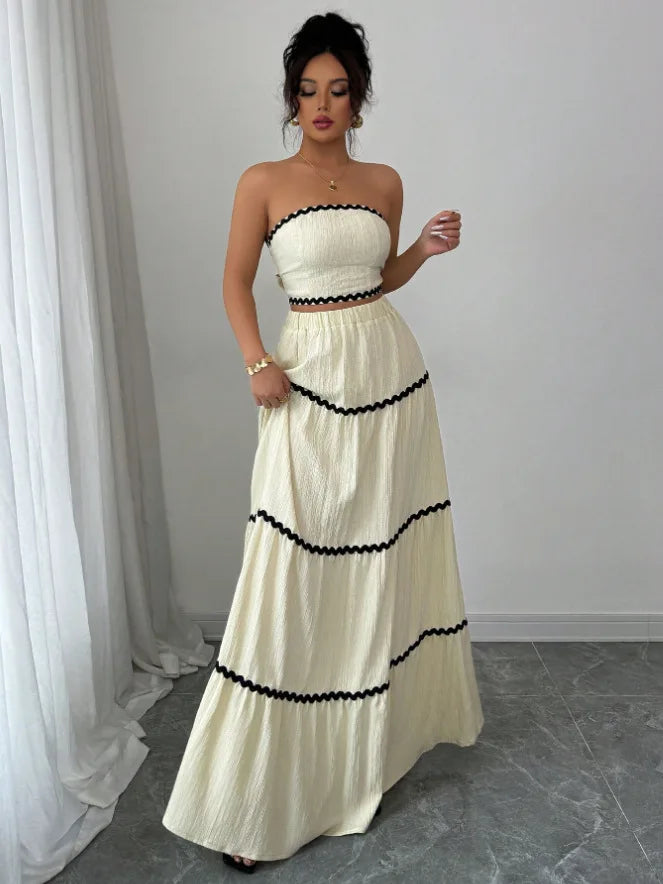 Fashion Temperament Women 2 Piece Outfits Contrast Color Loose Sleeveless Tops and Elastic Long Skirt Set for Party Streetwear