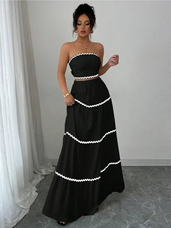 Fashion Temperament Women 2 Piece Outfits Contrast Color Loose Sleeveless Tops and Elastic Long Skirt Set for Party Streetwear