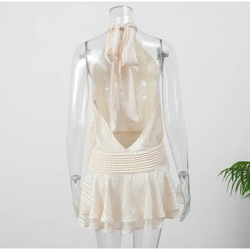 Elegant Woman's Chiffon Halter Mini Dresses 2025 Spring Summer Sexy Backless Wrapped Waist Lace Up Dress New Lady Party Vestidos