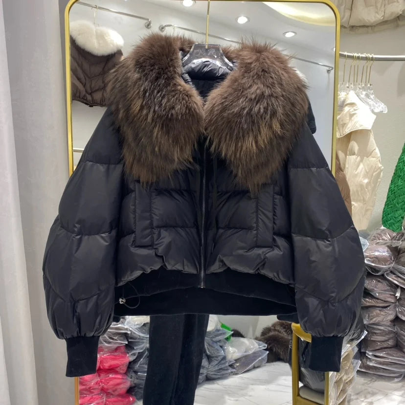 2023 Winter Puffer Jacket Women Large Real Raccoon Fur Collar Short Female Parkas Thick Warm 90% Goose Down Coat Loose