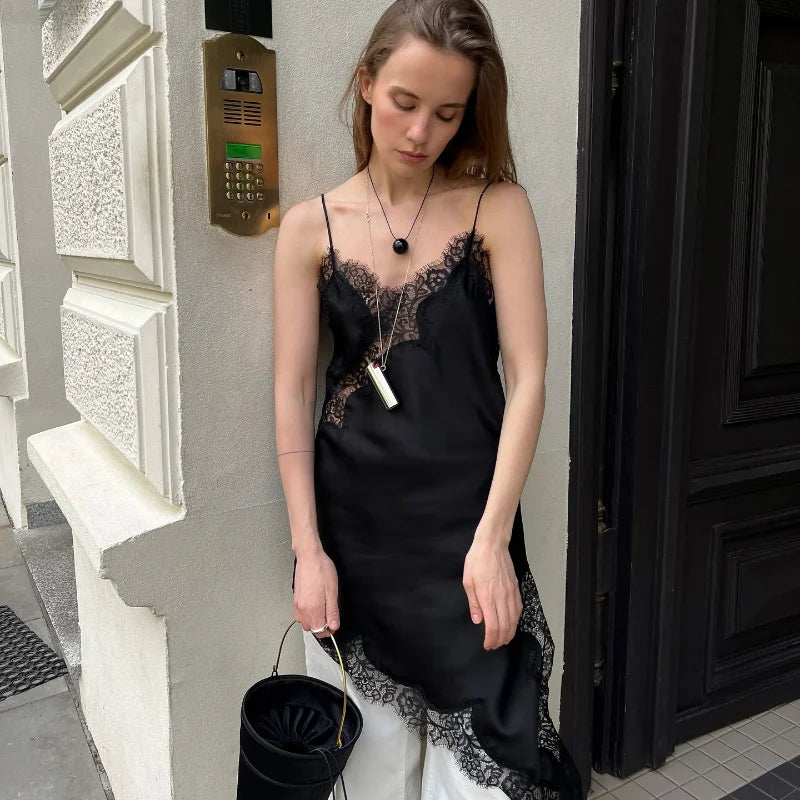 Elegant Satin Asymmetric Lace Patchwork Mini Dress Women Solid V-neck Sleeveless Sling Dresses 2025 Summer Lady Chic  Streetwear