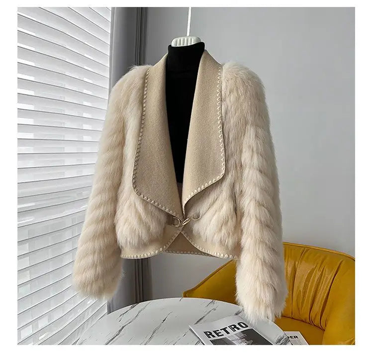 Faux Fur and Wool Reversible Coat with Fox Fur Collar Autumn Winter Fashionable Jacket Women Chic Flocking Plush Aesthetic