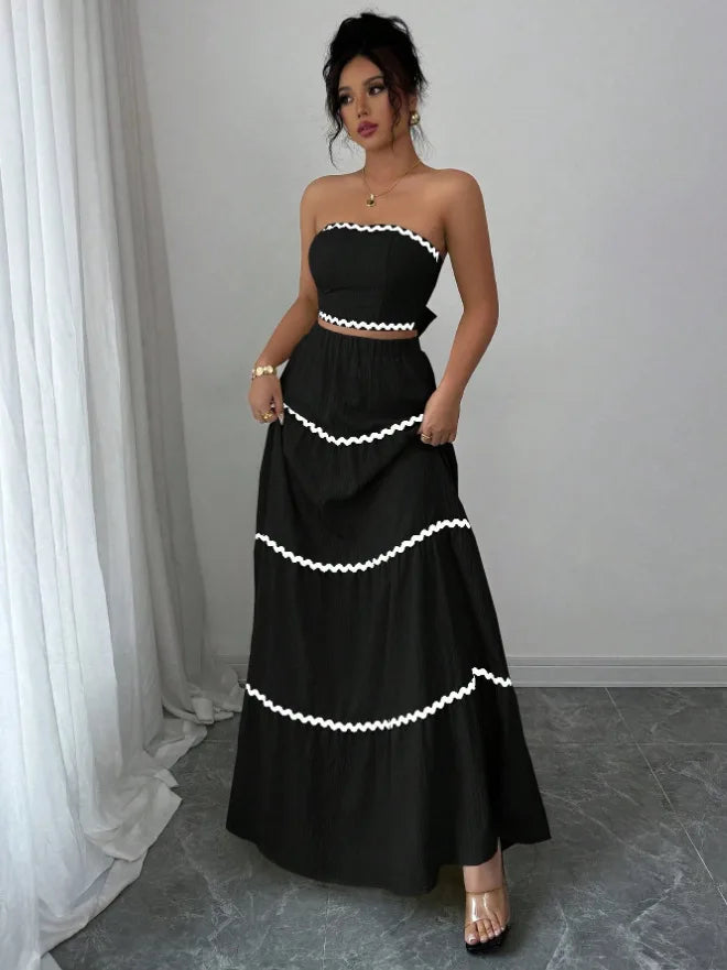 Fashion Temperament Women 2 Piece Outfits Contrast Color Loose Sleeveless Tops and Elastic Long Skirt Set for Party Streetwear