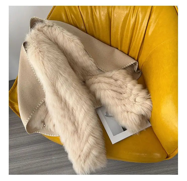Faux Fur and Wool Reversible Coat with Fox Fur Collar Autumn Winter Fashionable Jacket Women Chic Flocking Plush Aesthetic