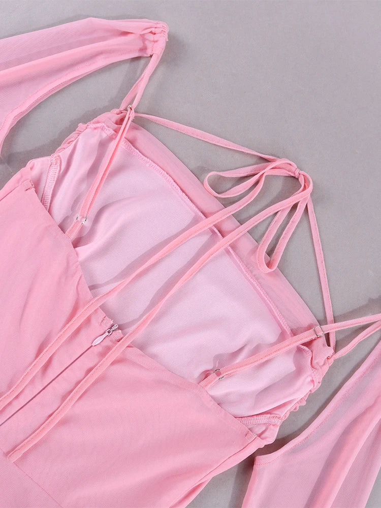 NewAsia Halter Flounce Sleeves Mesh Pink Dress Women Sexy Solid Backless Bandage Mini Vestido Summer Vacation Party Club