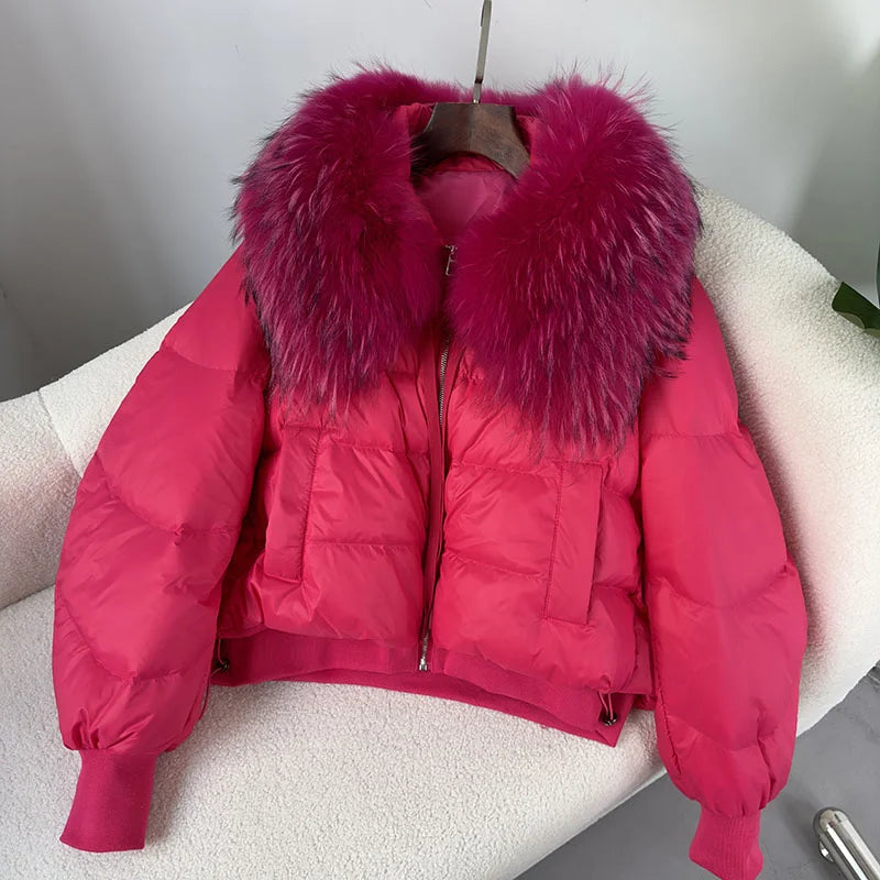 2023 Winter Puffer Jacket Women Large Real Raccoon Fur Collar Short Female Parkas Thick Warm 90% Goose Down Coat Loose
