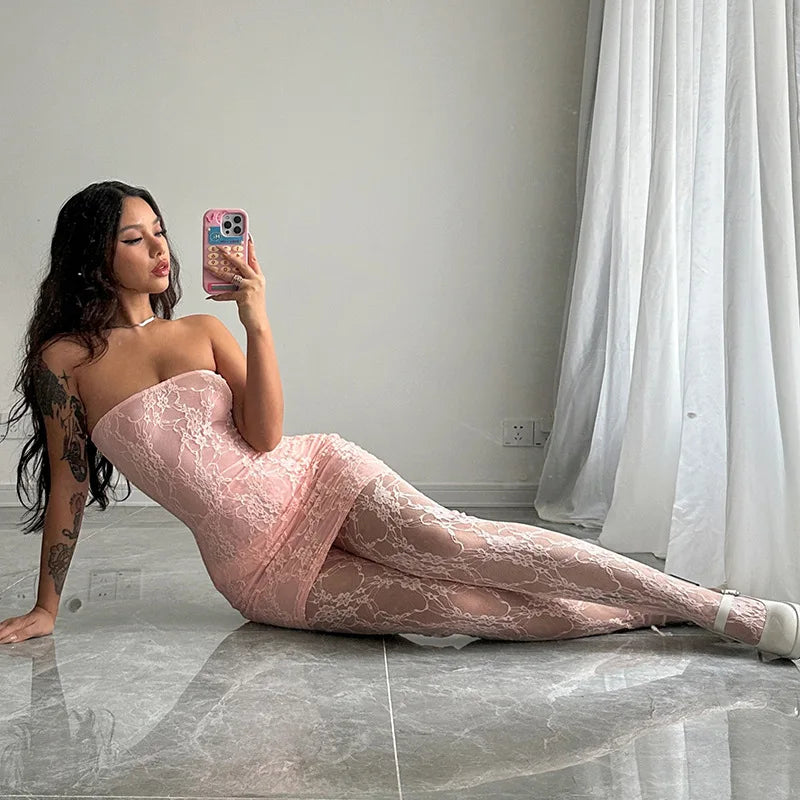 Hugcitar Mesh Strapless Flower Print Sexy Bodycon Mini Dress Foot Leggings 2 Piece Sets 2024 Fall Beach Vacation Y2K Clothes