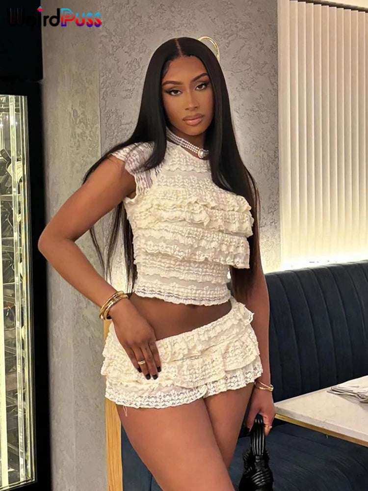 Weird Puss Sexy Tierred Women 2Piece Set Summer Elegant Thin Ruffles Tnak Top+Shorts Skirts Midnight Concert Party Matching Suit