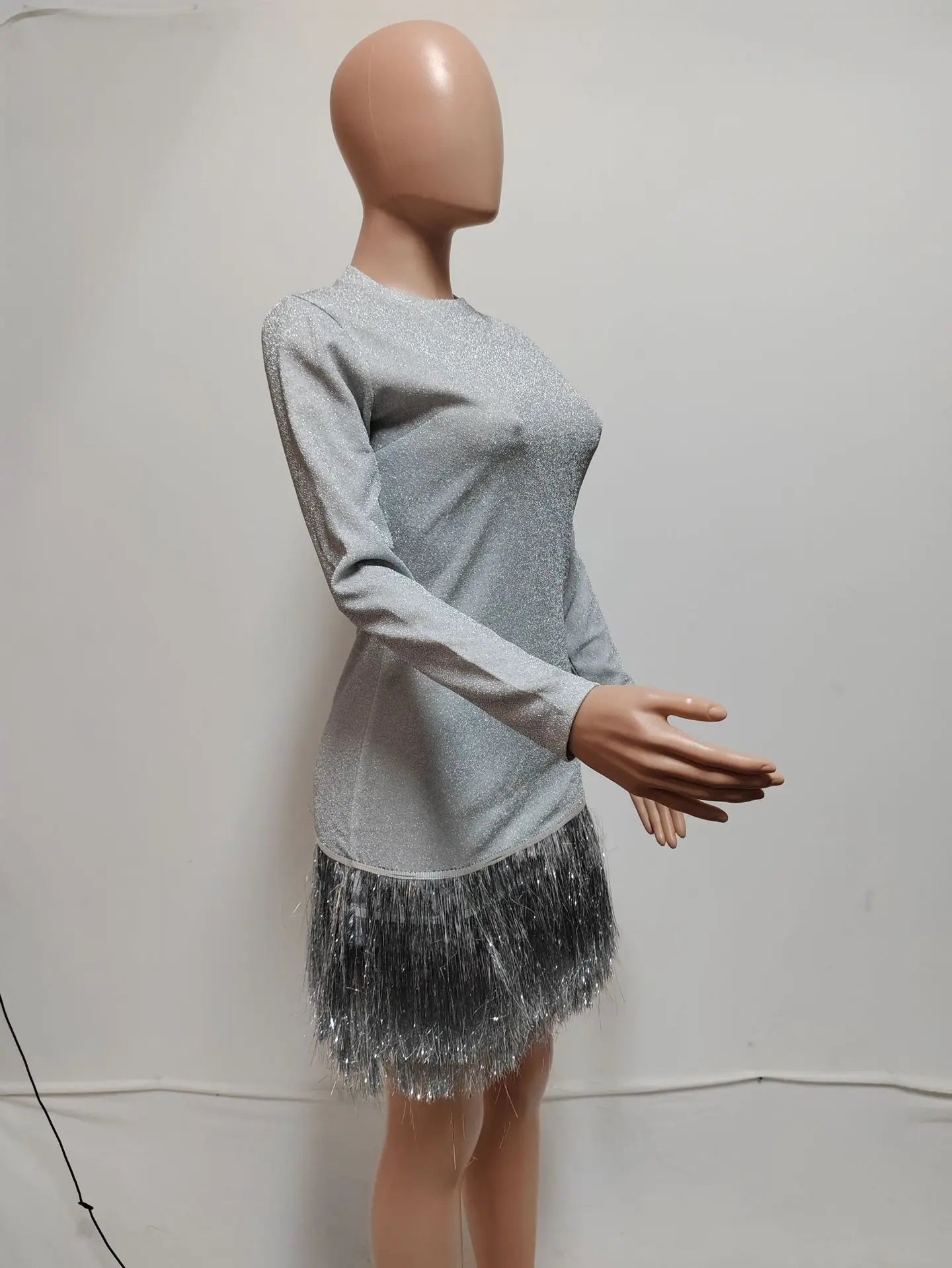 CM.YAYA Fashion Women Silver Tassel Bodycon Mini Midi Dress 2024 Autumn Winter Long Sleeve Party Club Evening Dresses Vestidos