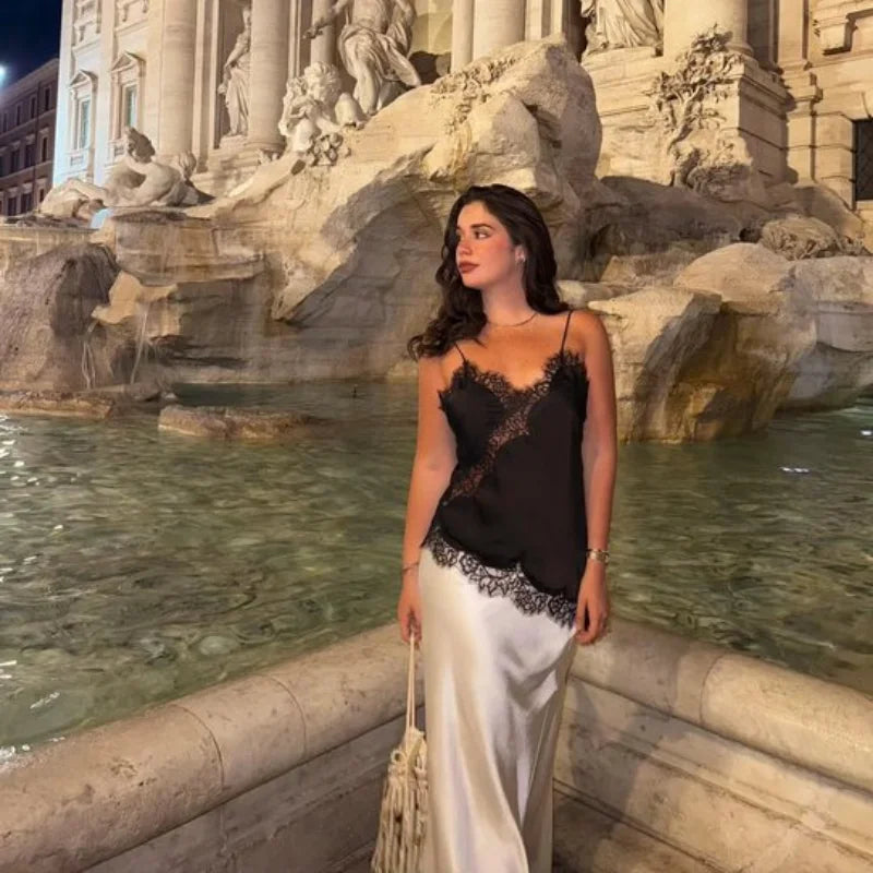 Elegant Satin Asymmetric Lace Patchwork Mini Dress Women Solid V-neck Sleeveless Sling Dresses 2025 Summer Lady Chic  Streetwear