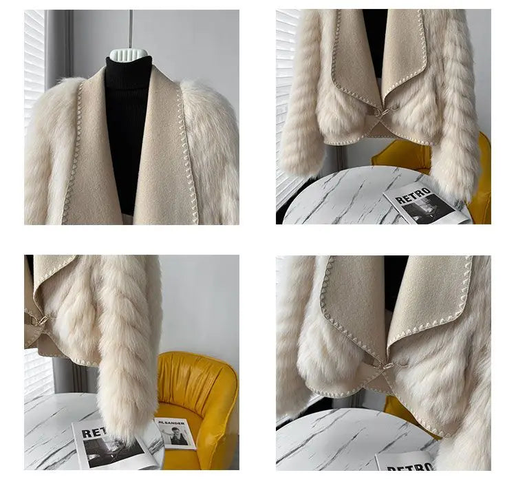 Faux Fur and Wool Reversible Coat with Fox Fur Collar Autumn Winter Fashionable Jacket Women Chic Flocking Plush Aesthetic