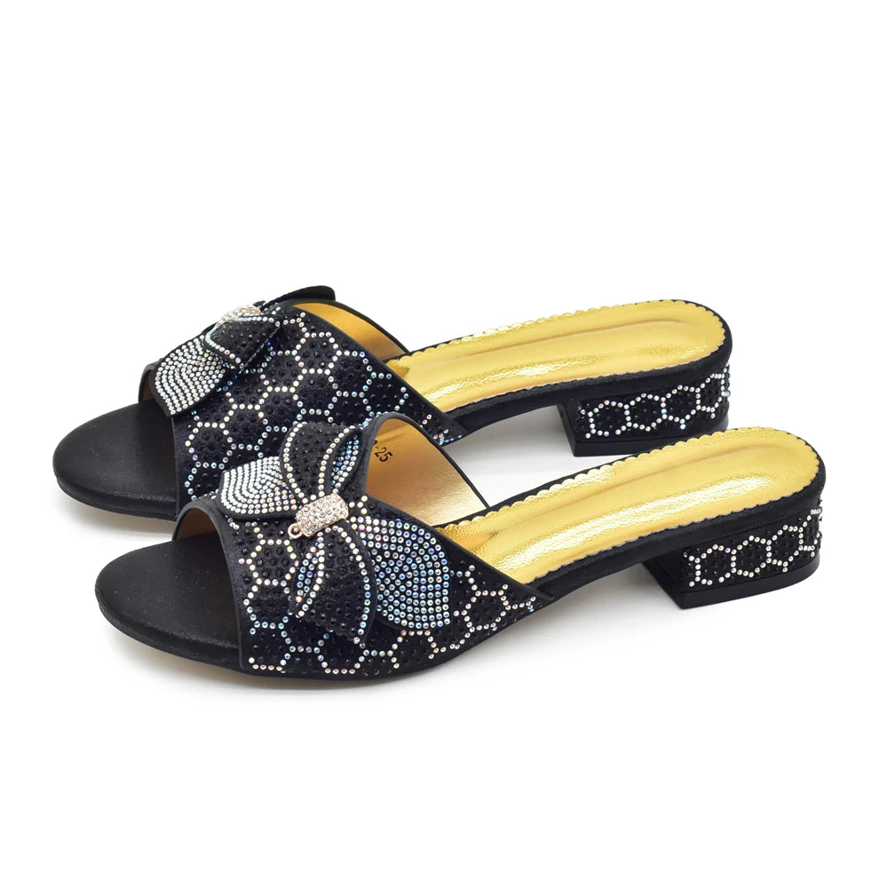 Plus Size Glitter Studs Bow-tie Round Toe Classical Design Luxury Women Pumps Low Heels Dress Party Shoes Rhinestone Women Pumps