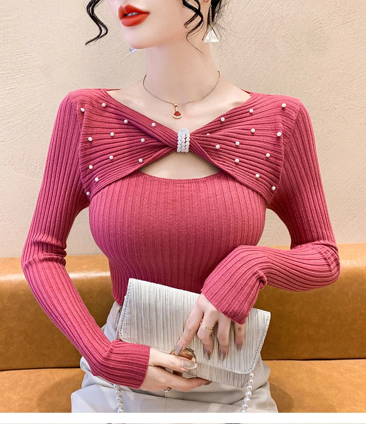 Elegant Autumn Winter Sweaters Women Pullovers Korean Fashion Y2k Clothes V Neck Solid Bow Embroidered Long Sleeve Knitted Tops