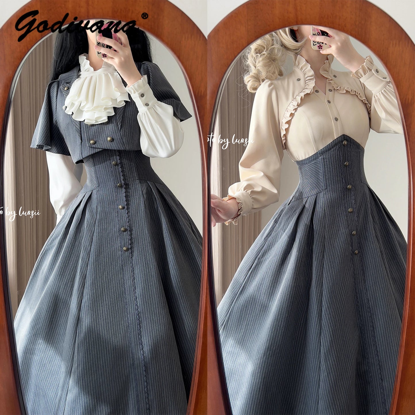 Original Retro Skirt Set Outfits New Spring Women's Stand Collar Long Sleeve Shirt Small Cape Coat Elegant Classical Long Skirt