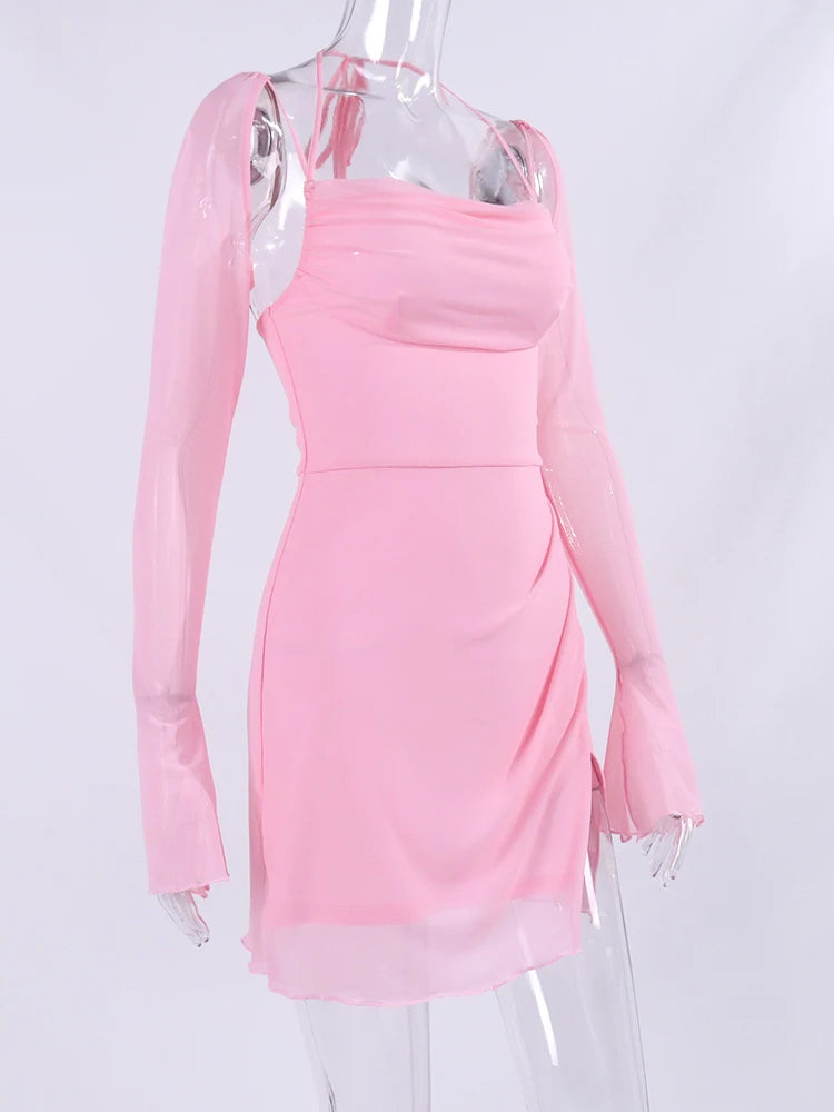 NewAsia Halter Flounce Sleeves Mesh Pink Dress Women Sexy Solid Backless Bandage Mini Vestido Summer Vacation Party Club