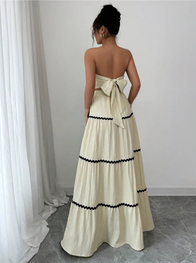 Fashion Temperament Women 2 Piece Outfits Contrast Color Loose Sleeveless Tops and Elastic Long Skirt Set for Party Streetwear