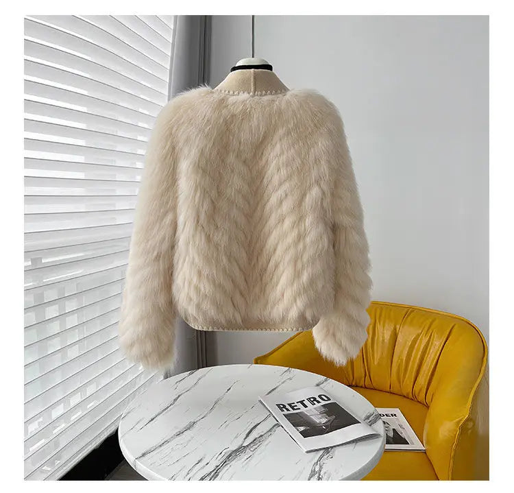 Faux Fur and Wool Reversible Coat with Fox Fur Collar Autumn Winter Fashionable Jacket Women Chic Flocking Plush Aesthetic