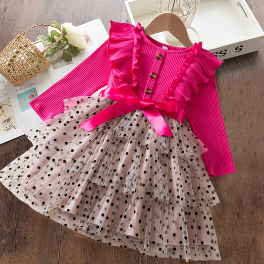 2024 New Fall\Winter Girl Dress Polka-Dot Mesh Casual Dresses 2-6Yrs Kids Birthday Princess Dress Long Sleeve Baby Girls Clothes