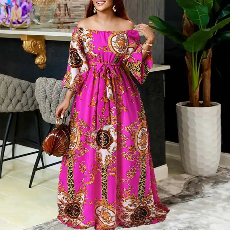 VONDA Women Printed Party Dress 2024 Sexy Off Shoulder Long Lantern Sleeve Bohemian Sundress Belted Vintage Maxi Robe Oversized