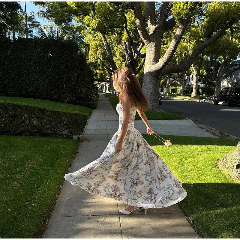 Summer Floral Print Spaghetti Strap Dress Women's Elegant Backless Pleated A-line Gowns New Chic Lady Street Party Vestidos 2025