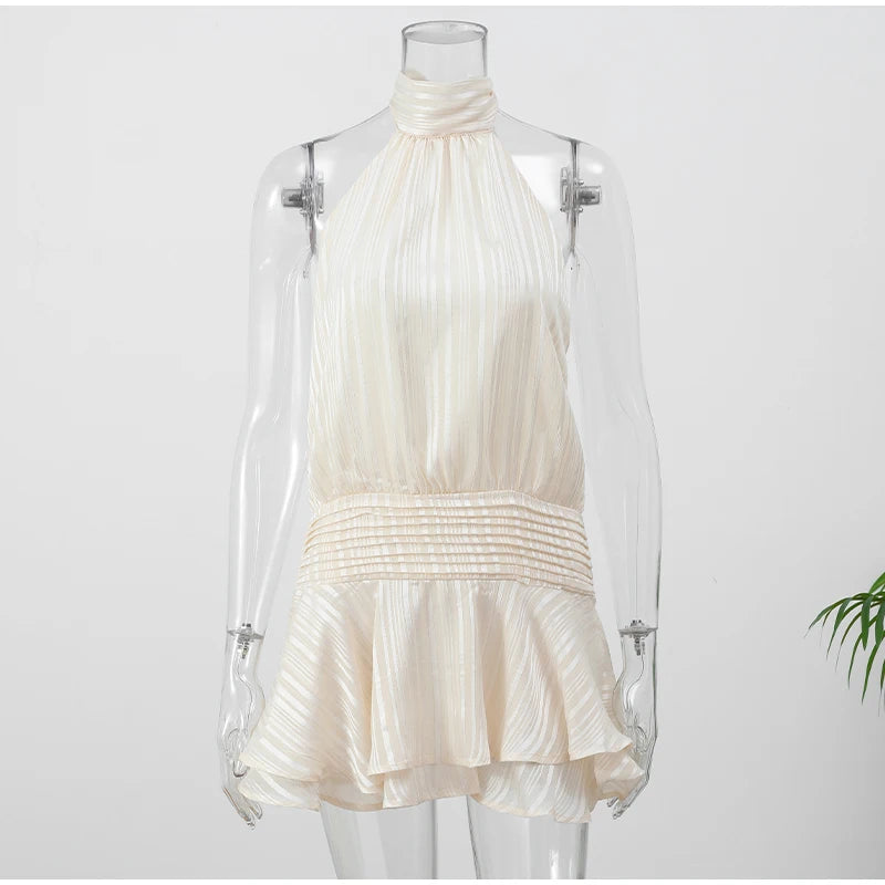 Elegant Woman's Chiffon Halter Mini Dresses 2025 Spring Summer Sexy Backless Wrapped Waist Lace Up Dress New Lady Party Vestidos