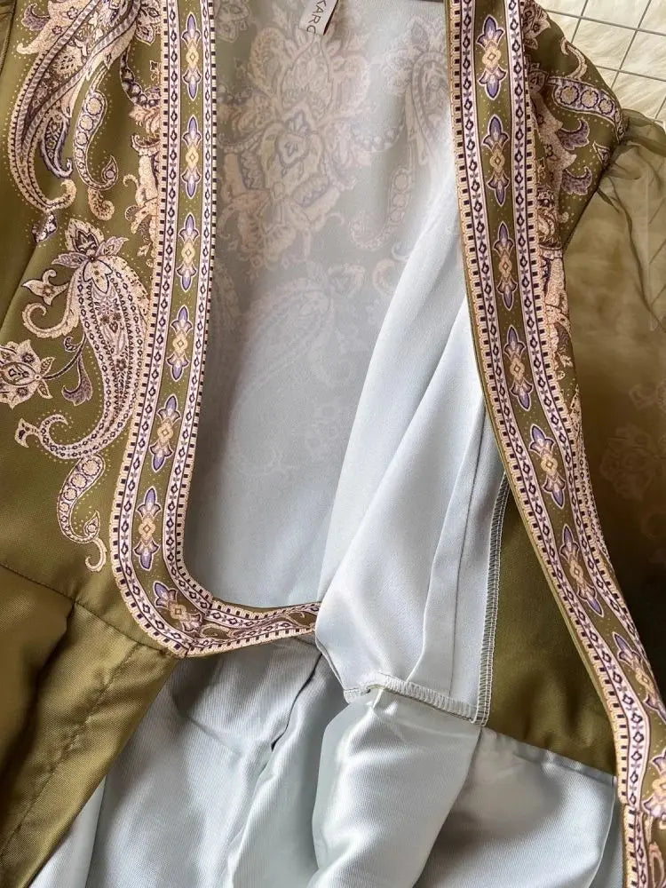 Paisley Print Bandage Lace Up Wrap Dress Women Cross V Neck Lantern Sleeve Chiffon Patchwork Thick Satin Long Party Vestidos