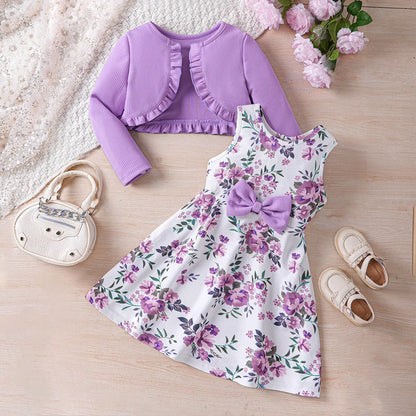 2 Pcs Kids Casual Dress Sets For Girls Clothes Autumn Winter 2024 New Child Long Sleeve Cardigan Coat Tops Print Tank Dress