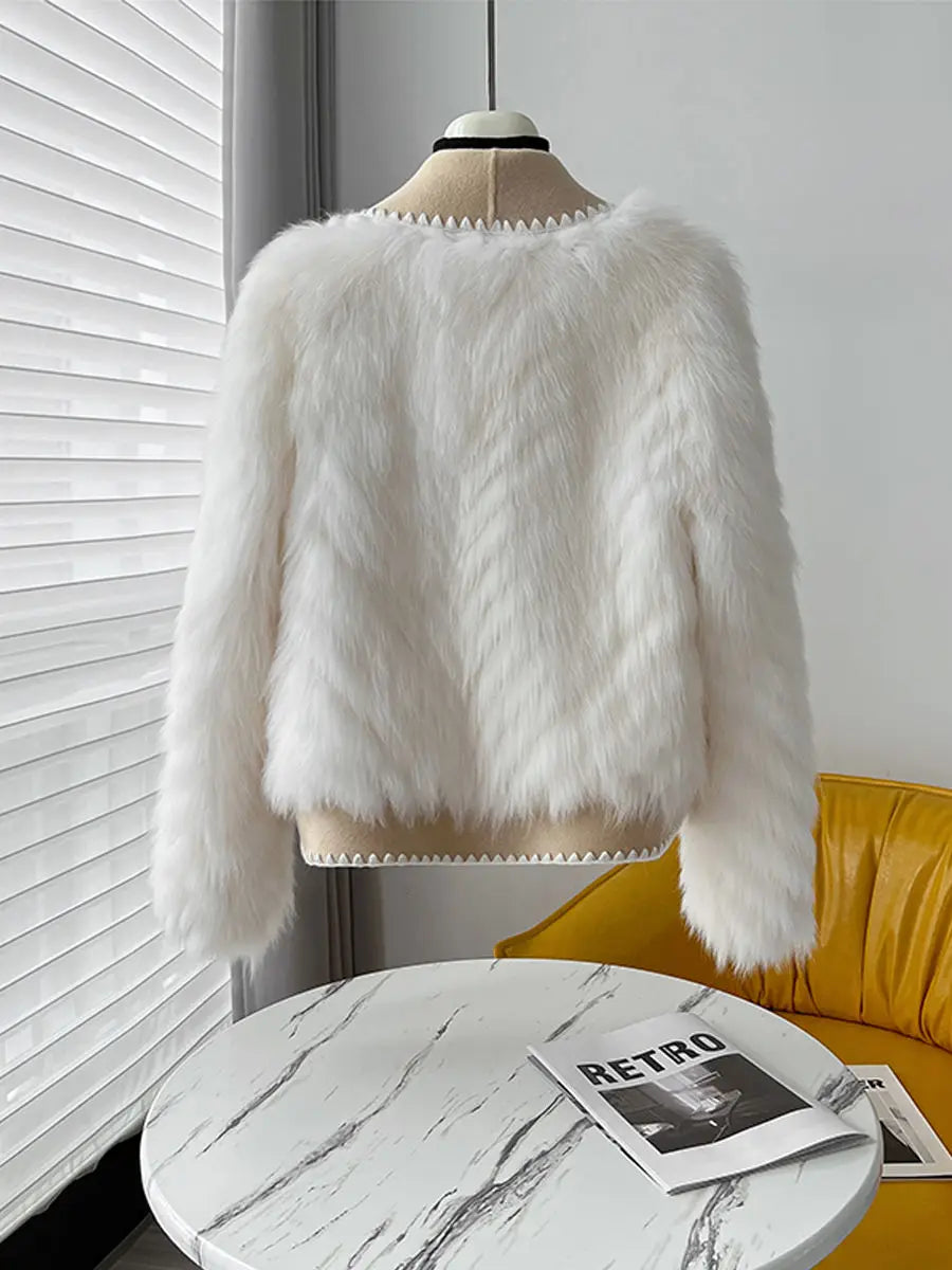 Faux Fur and Wool Reversible Coat with Fox Fur Collar Autumn Winter Fashionable Jacket Women Chic Flocking Plush Aesthetic