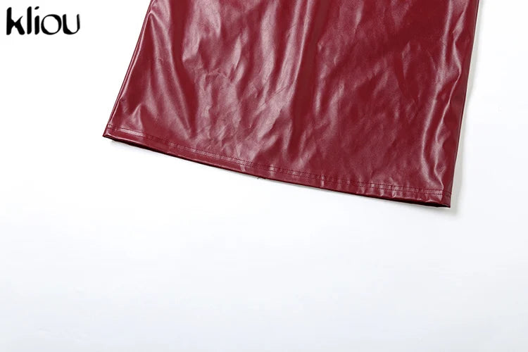 kliou Leather Women's Maxi Dresses Classic High Street Solid Sleeveless Straight Bodycon Female Concise Elegant Party Vestidos