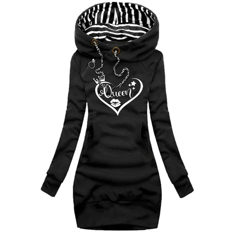 Women's Fashion Queen Printed Sweater Dresses Fall and Winter Long Sleeve Hoodie Dress Solid Color Slim Pullover Sweater Dresses