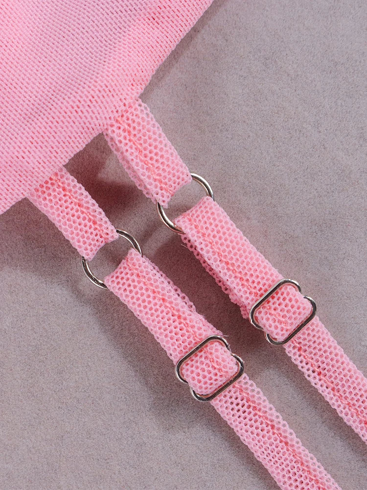 NewAsia Halter Flounce Sleeves Mesh Pink Dress Women Sexy Solid Backless Bandage Mini Vestido Summer Vacation Party Club