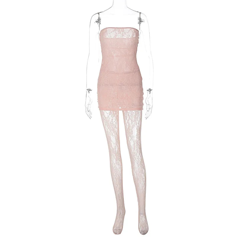 Hugcitar Mesh Strapless Flower Print Sexy Bodycon Mini Dress Foot Leggings 2 Piece Sets 2024 Fall Beach Vacation Y2K Clothes