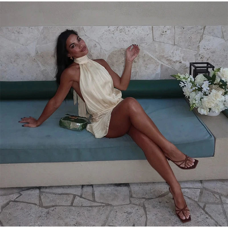 Elegant Woman's Chiffon Halter Mini Dresses 2025 Spring Summer Sexy Backless Wrapped Waist Lace Up Dress New Lady Party Vestidos