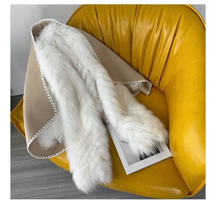 Faux Fur and Wool Reversible Coat with Fox Fur Collar Autumn Winter Fashionable Jacket Women Chic Flocking Plush Aesthetic