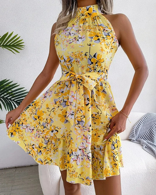 Sexy Spring Summer Floral Halter Neck Short Dresses Holiday Beach Sundress Casual Halter Short Dresses Clothes Women